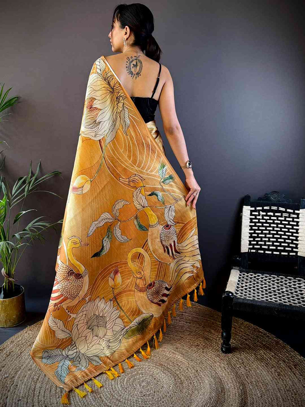 Honey Yellow Semi Zari Tussar Botanical Saree