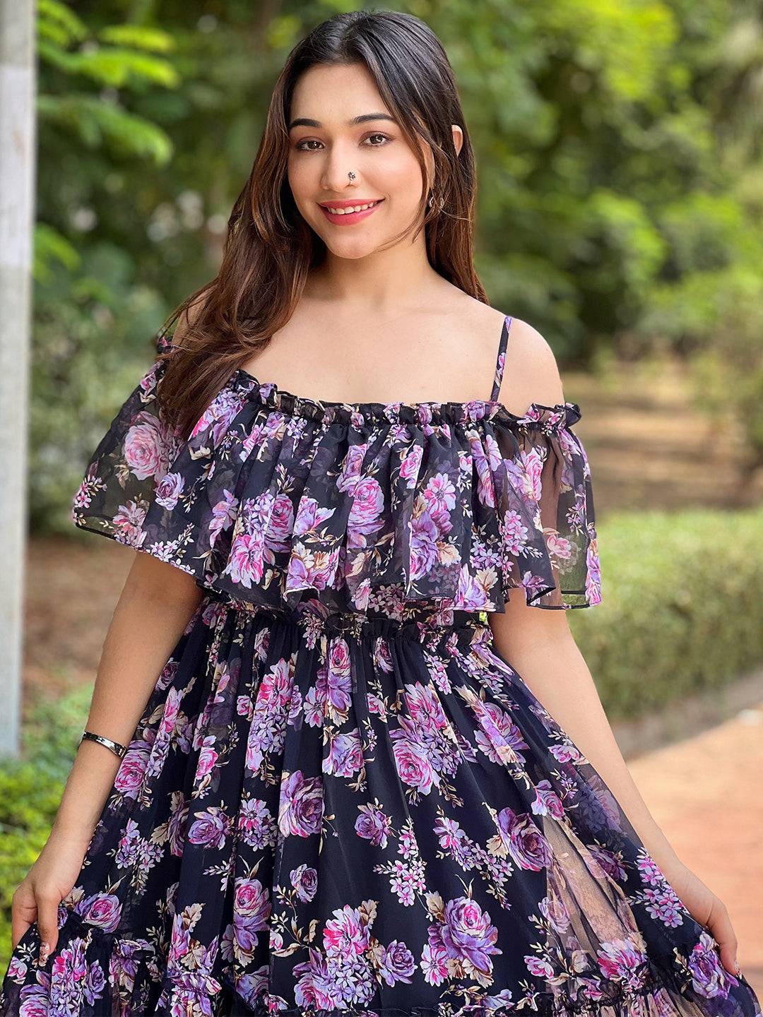 Close-up of floral off-shoulder dress with ruffle detail