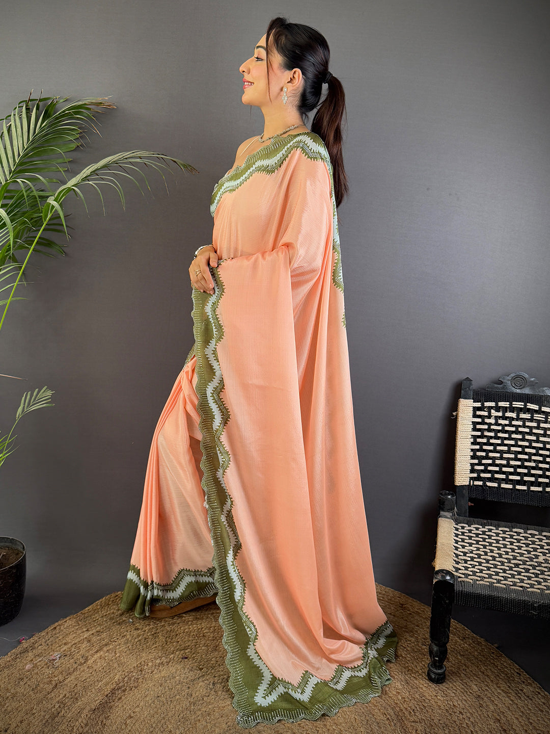 Peach Soft Chinnon Swarovski Work Saree