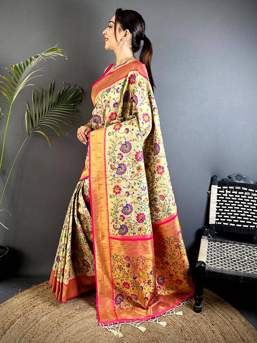 Cream Minakari Weave Soft Paithani Saree
