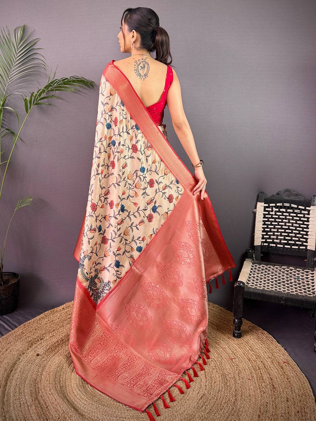 Cream Cherry Satin Kalamkari Saree