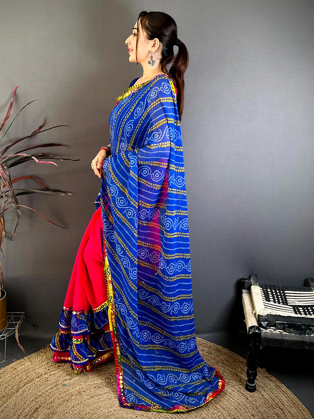Elegant Bandhej Print Ruffle Georgette Saree
