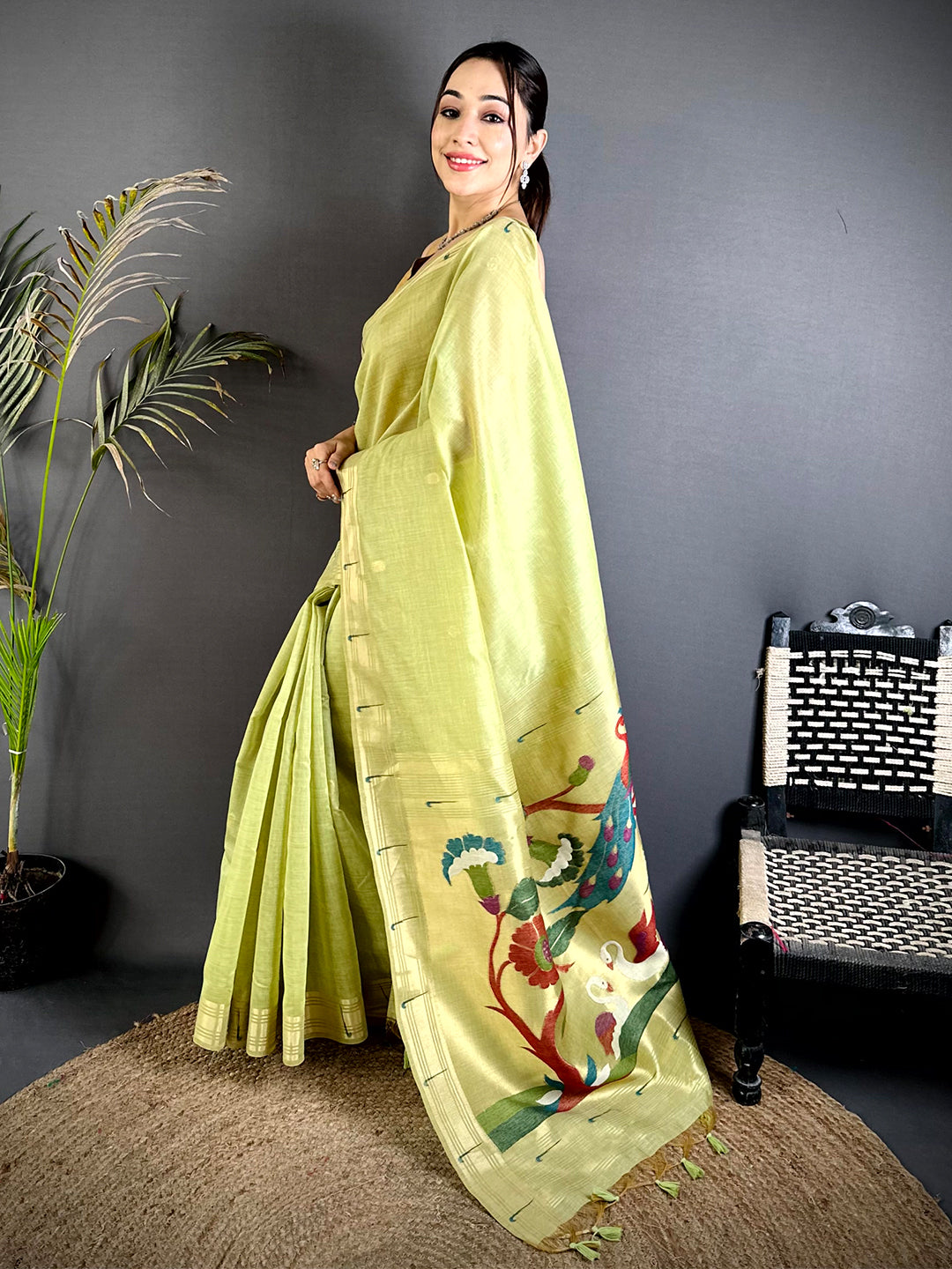 Lime Green Minakari Grace Khadi Linen Saree