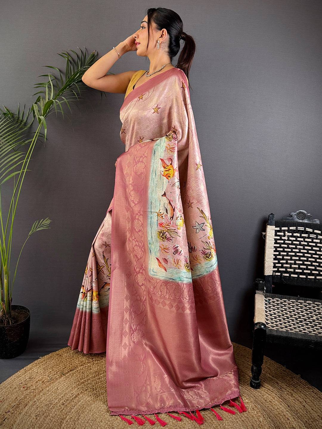 Rust Pink Kanjivaram Silk Digital Print Saree