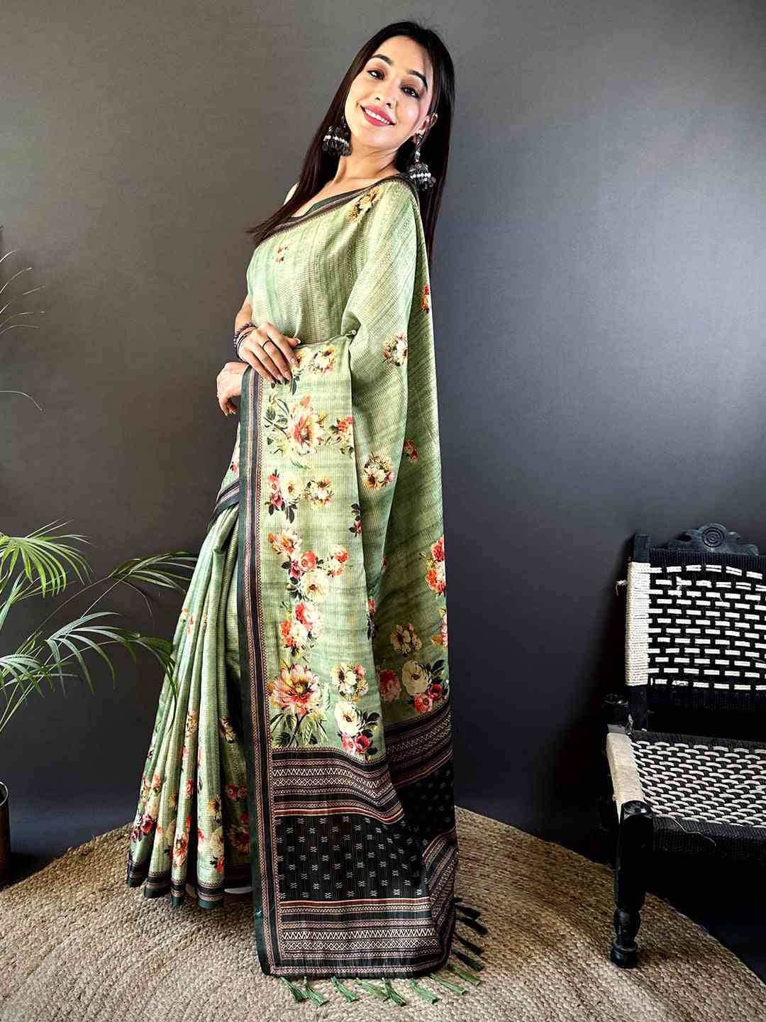 Floral Beauty in Light Green Tussar Zari Saree