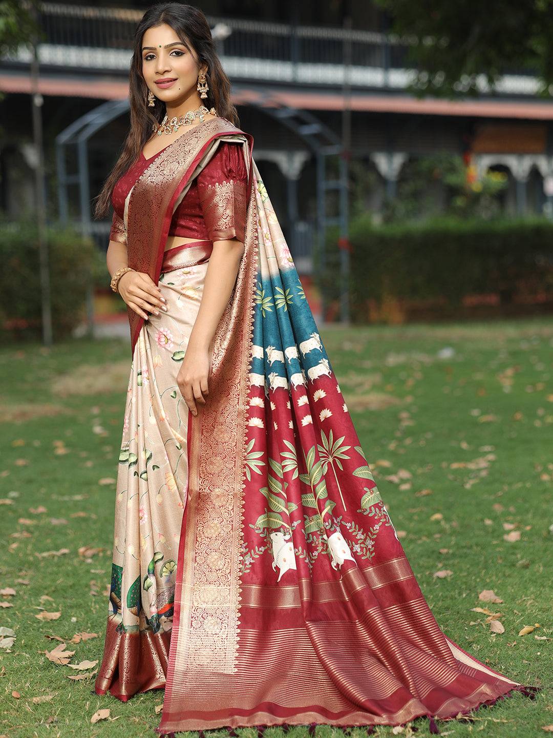 Viscose Dola Silk Beige Saree with Floral and Pichwai Print