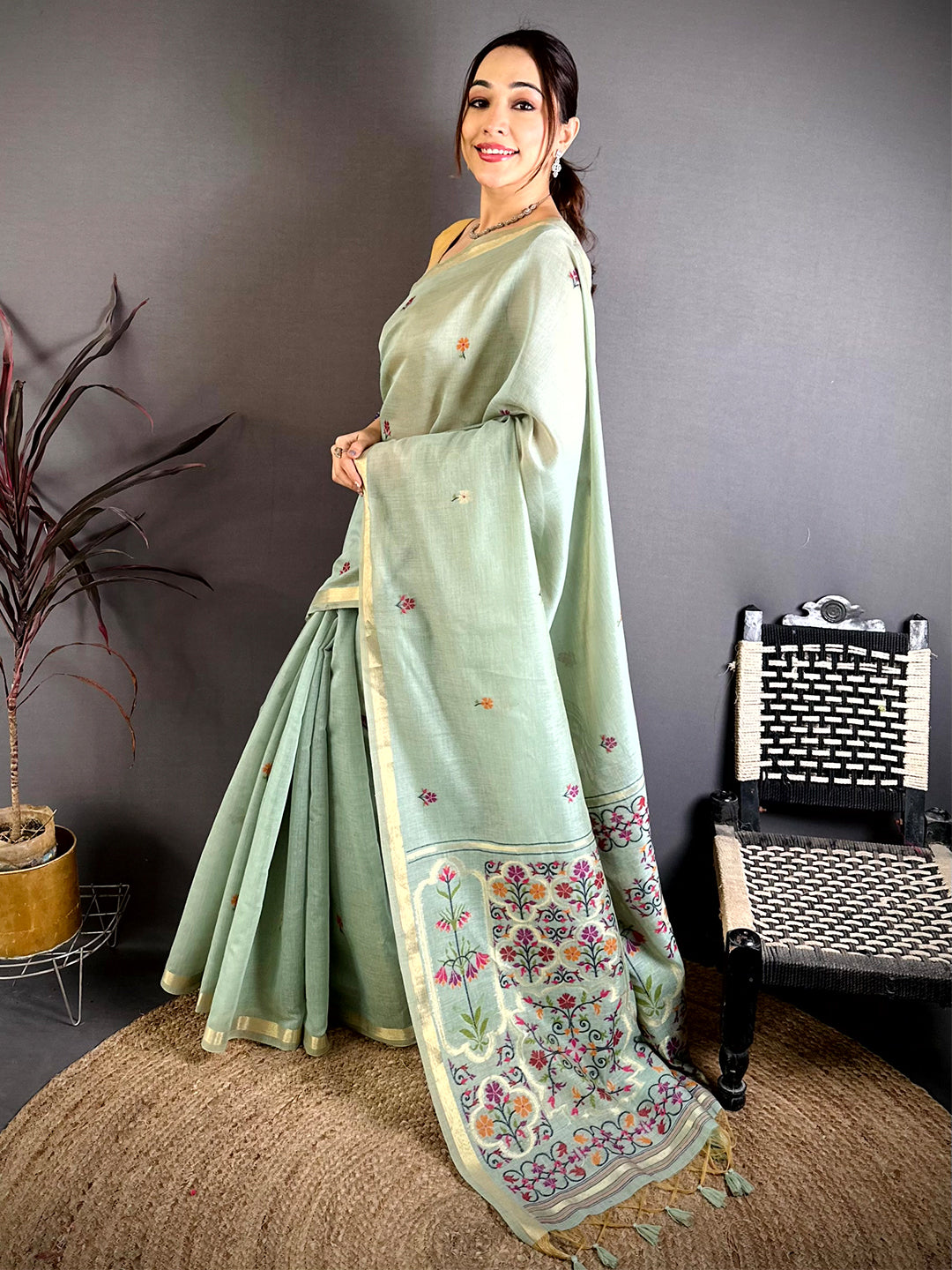 Sky Blue Minakari Khadi Cotton Saree