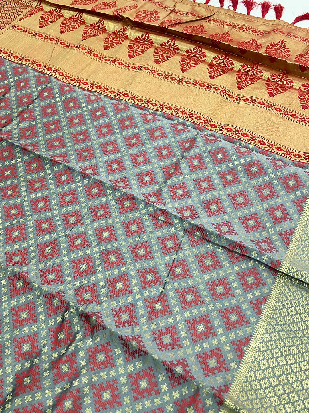 Grey Soft Banarasi Patola Zari Party Wear Saree