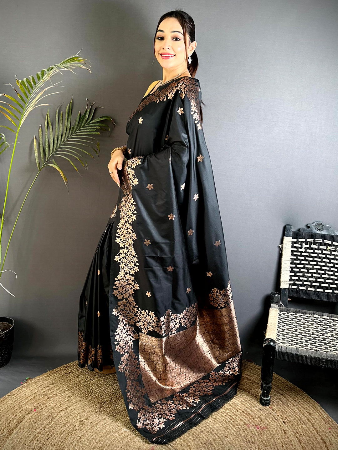 Rose Gold Blossom Soft Satin Silk Saree