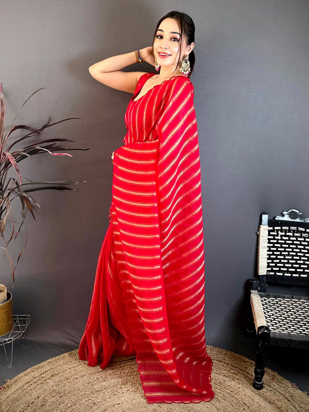 Pink Gold Zari Stripe Chiffon Saree