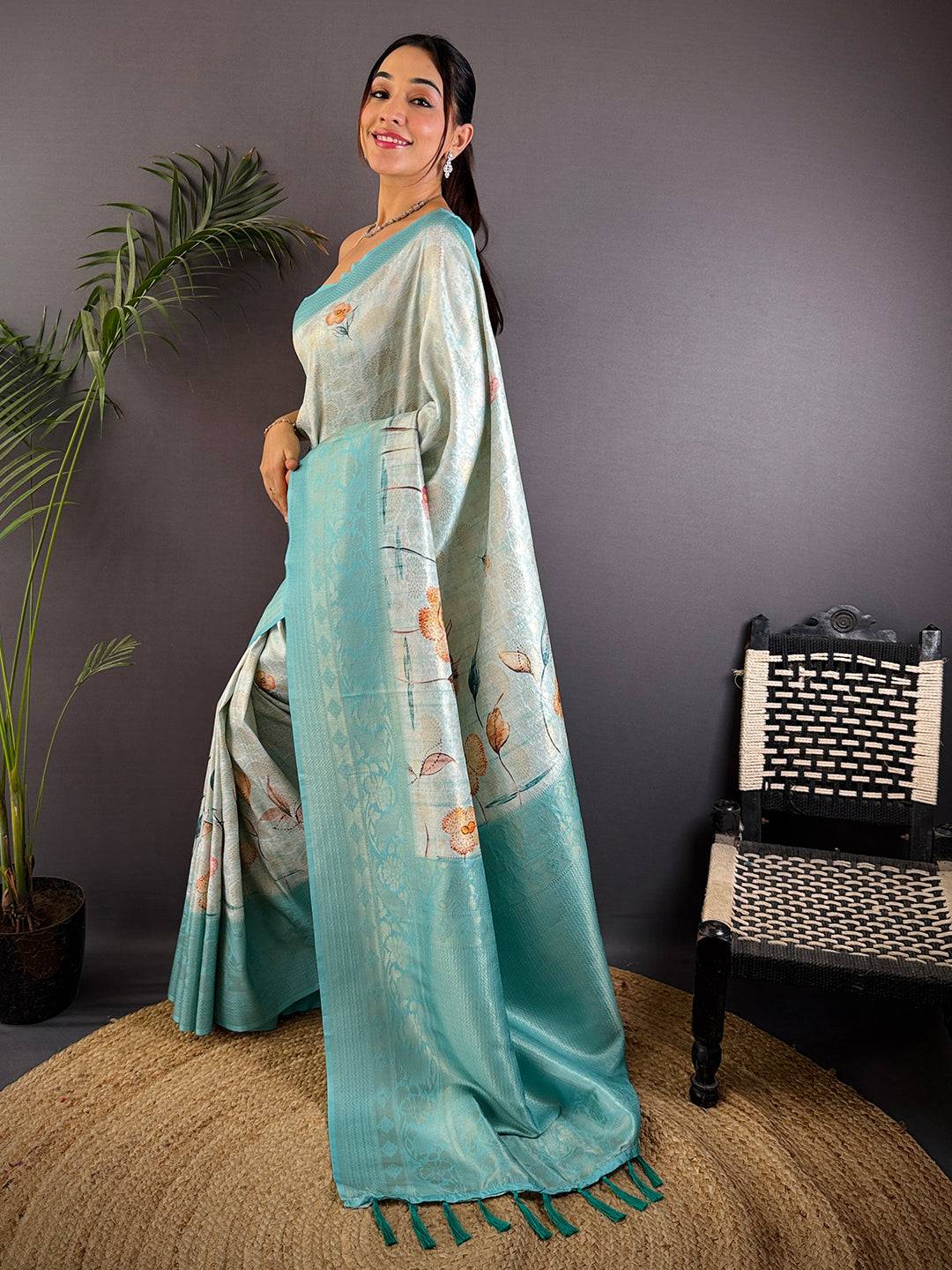 Sky Blue Kanjivaram Silk Digital Print Saree