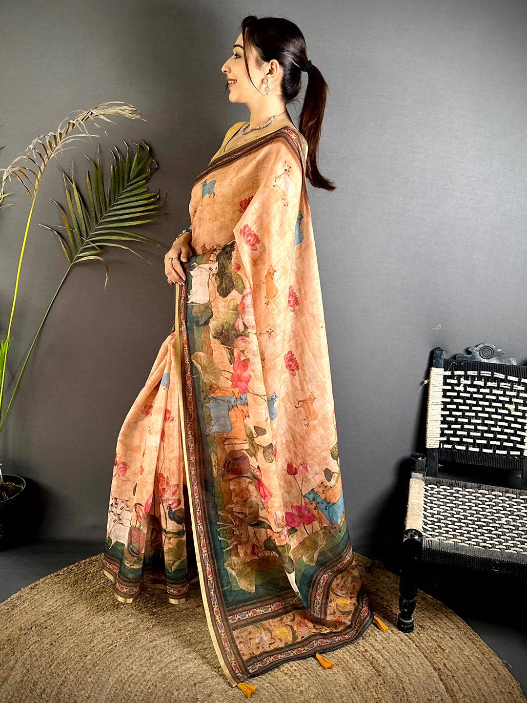 Warm Peach Pichwai Kalamkari Linen Saree