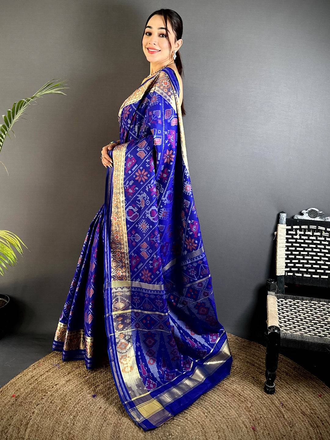 Blue Double Ikkat Heritage Saree