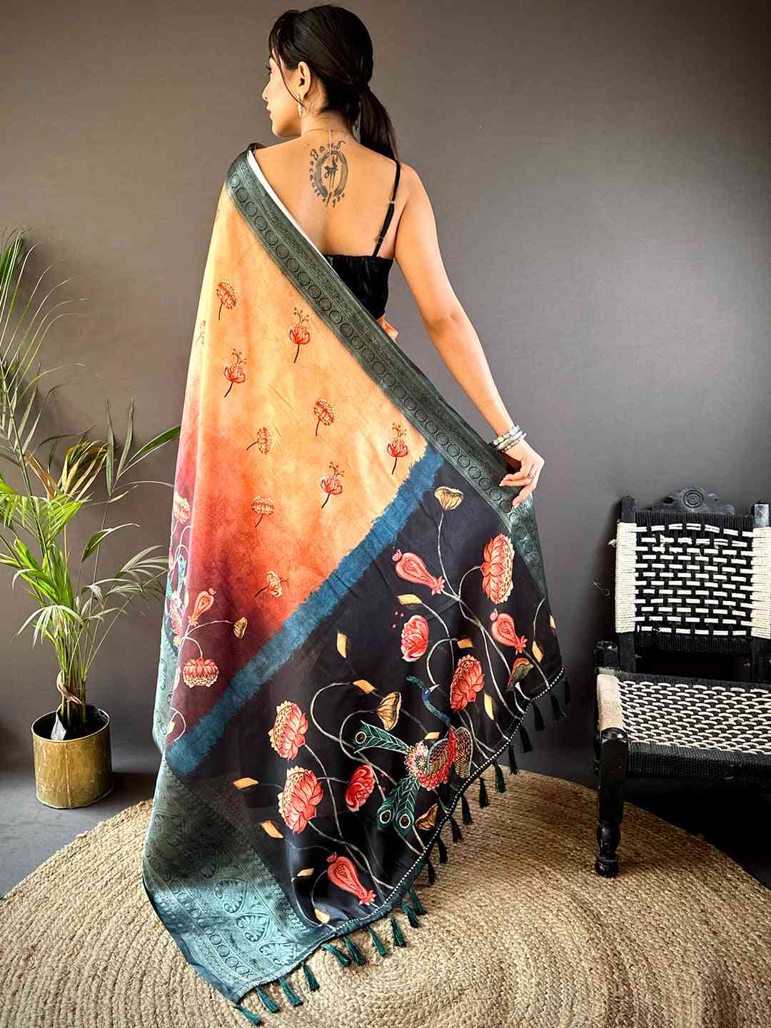 Orange Soft Silk Floral Ombre Print Saree