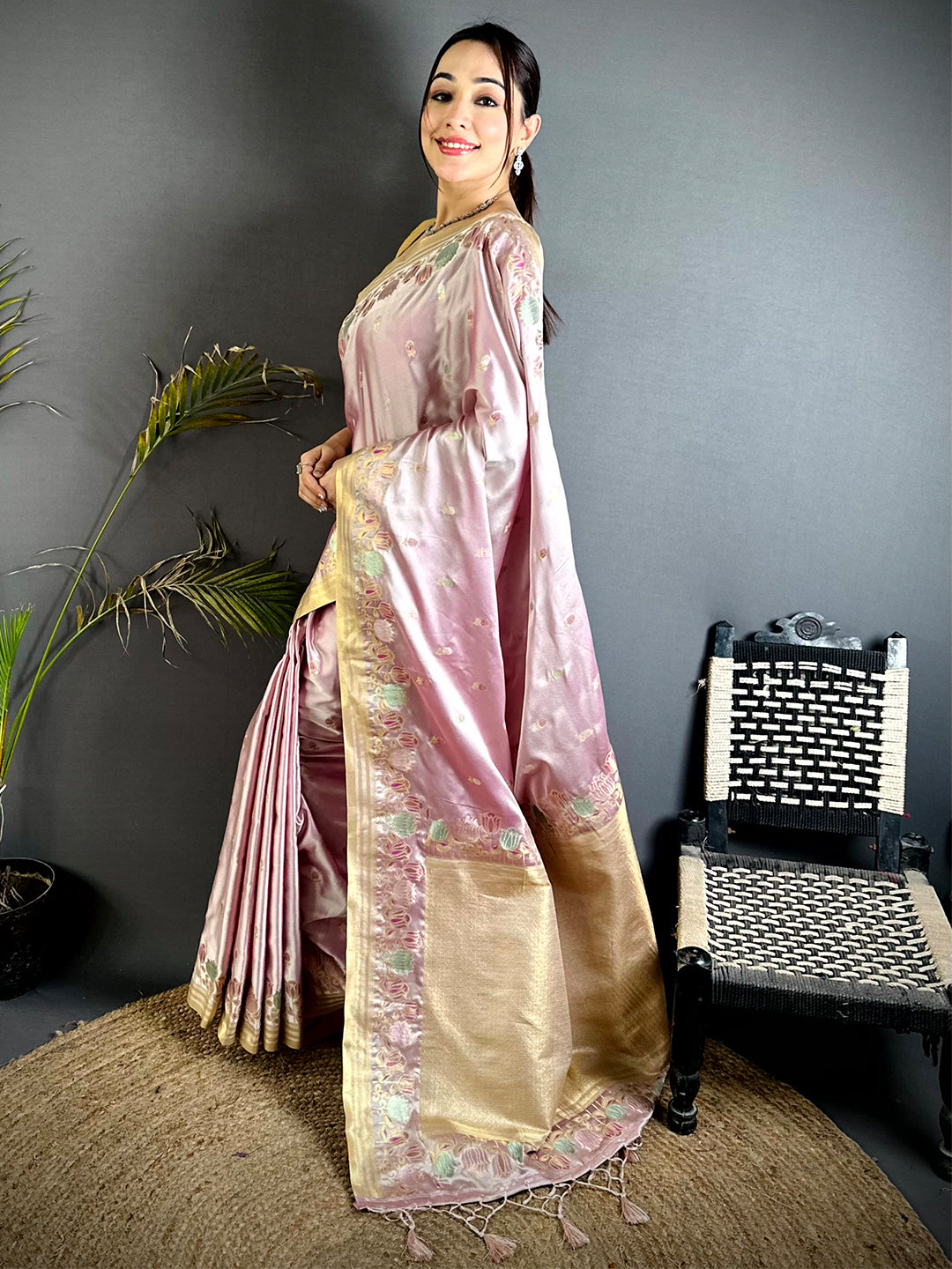 Blush Pink Satin Silk Zari Weave Saree
