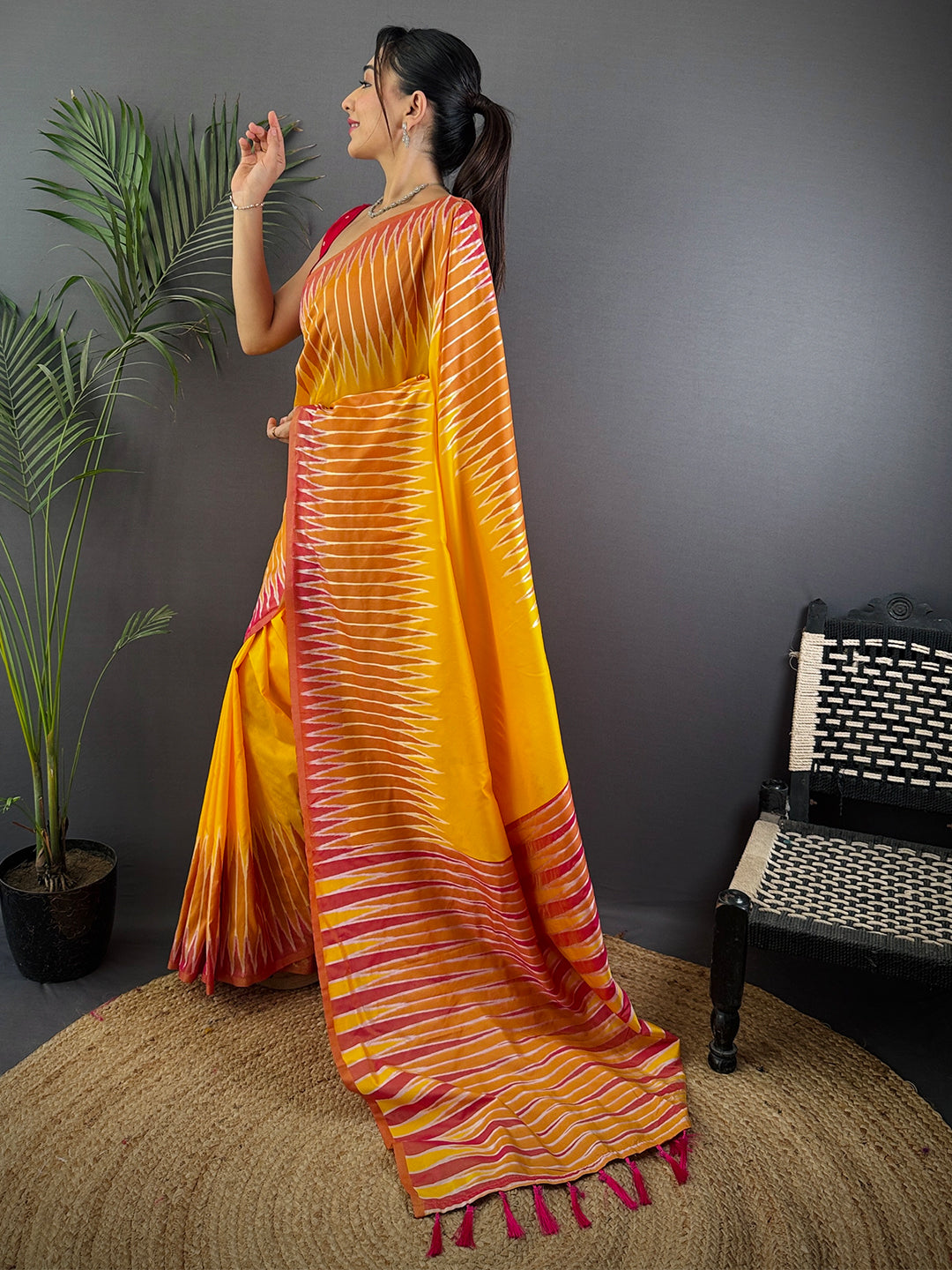 Yellow Soft Silk Ikkat Zari Weaving Saree