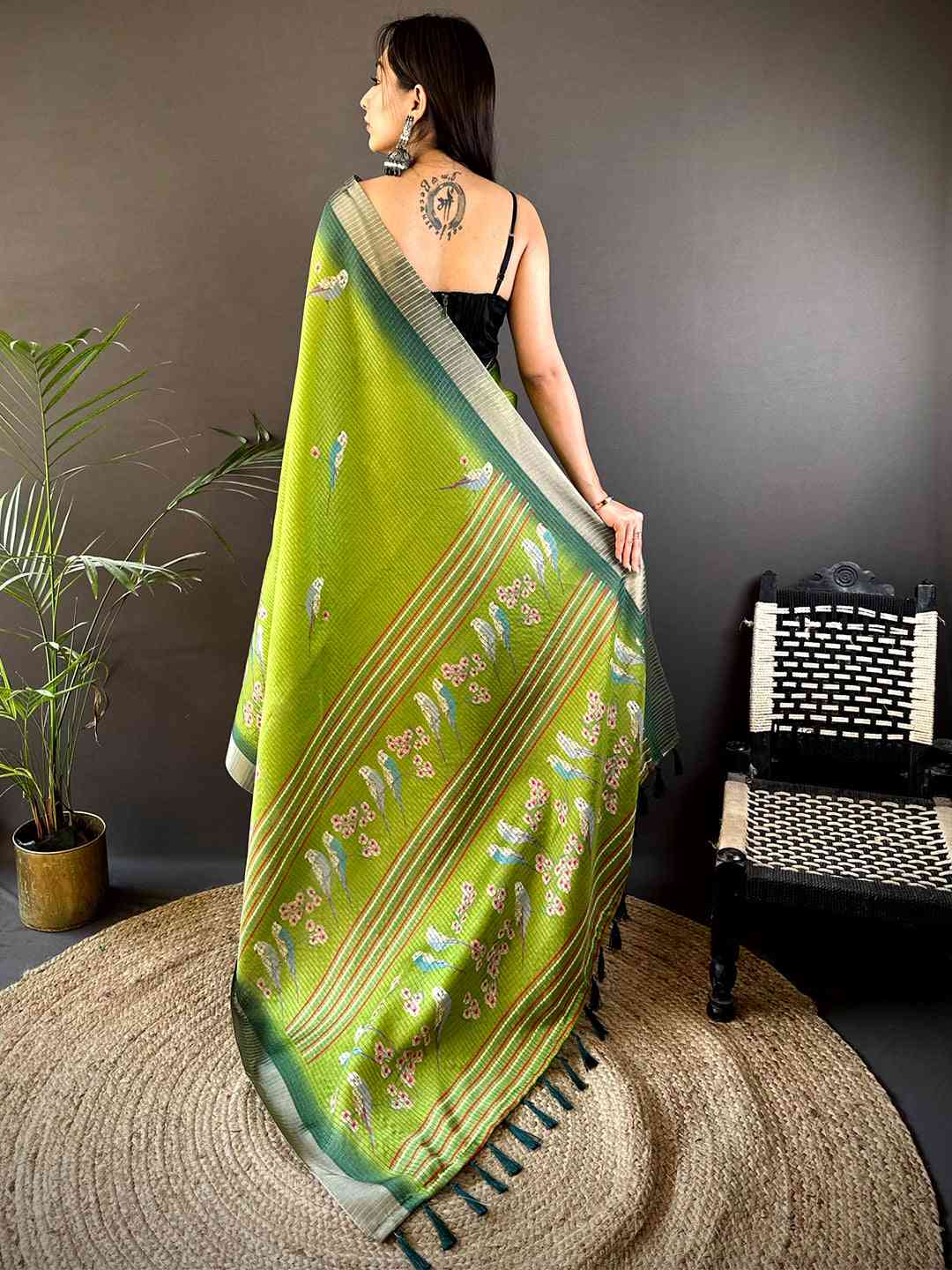 Green Chanderi Check Sparrow Print Saree