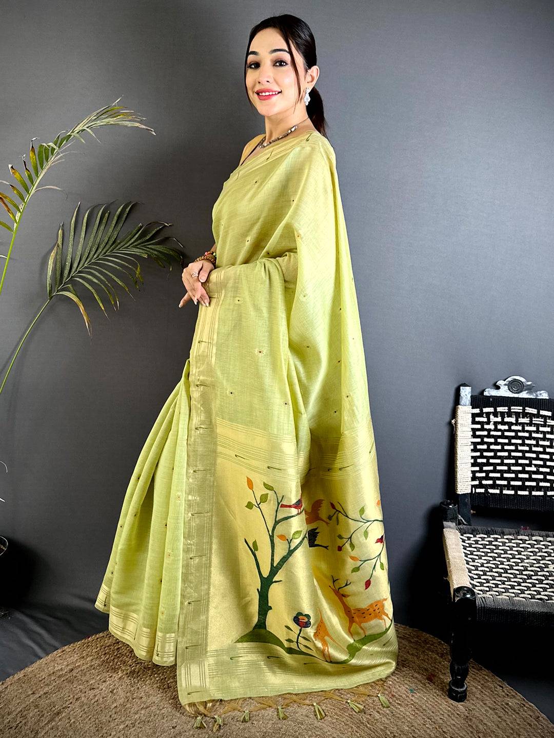 Pista Minakari Paithani Khadi Linen Saree