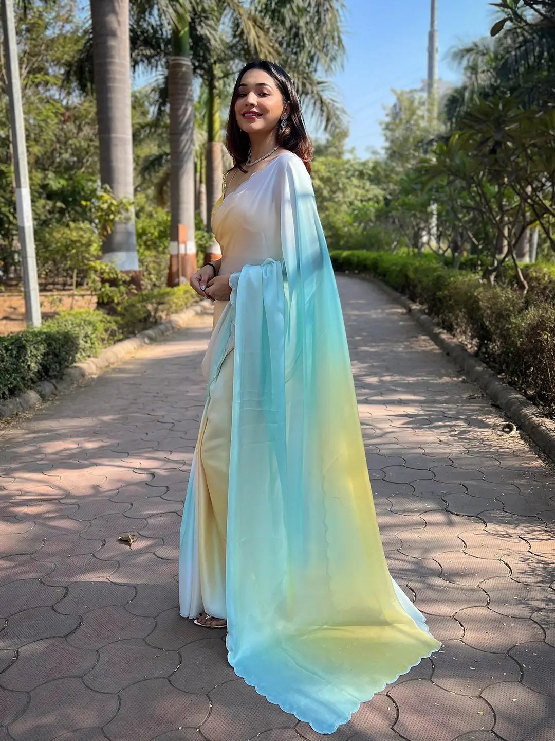 Yellow Colour Satin Georgette Saree with Ombre Print