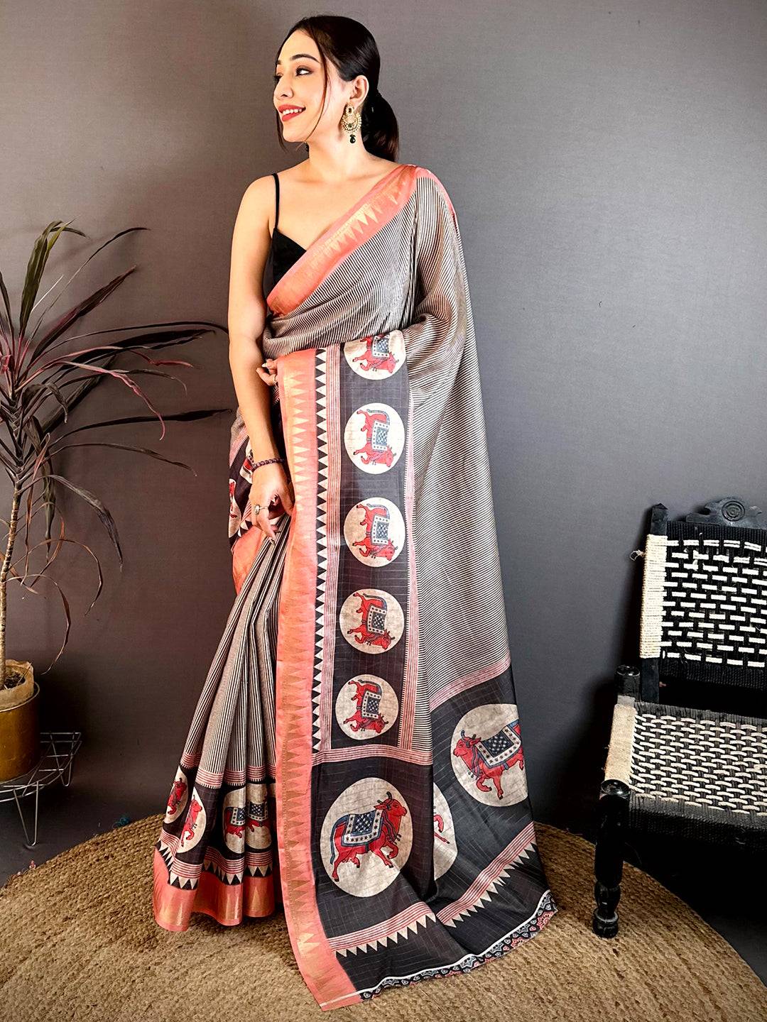 Regal Black Striped Tussar Saree
