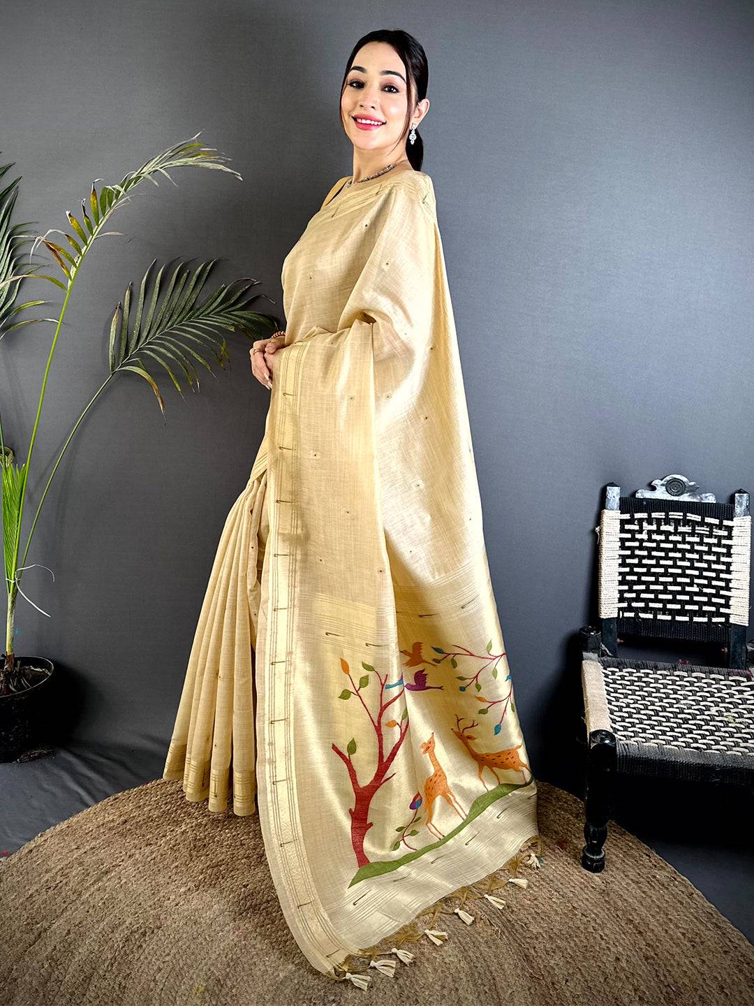 Cream Minakari Paithani Khadi Linen Saree