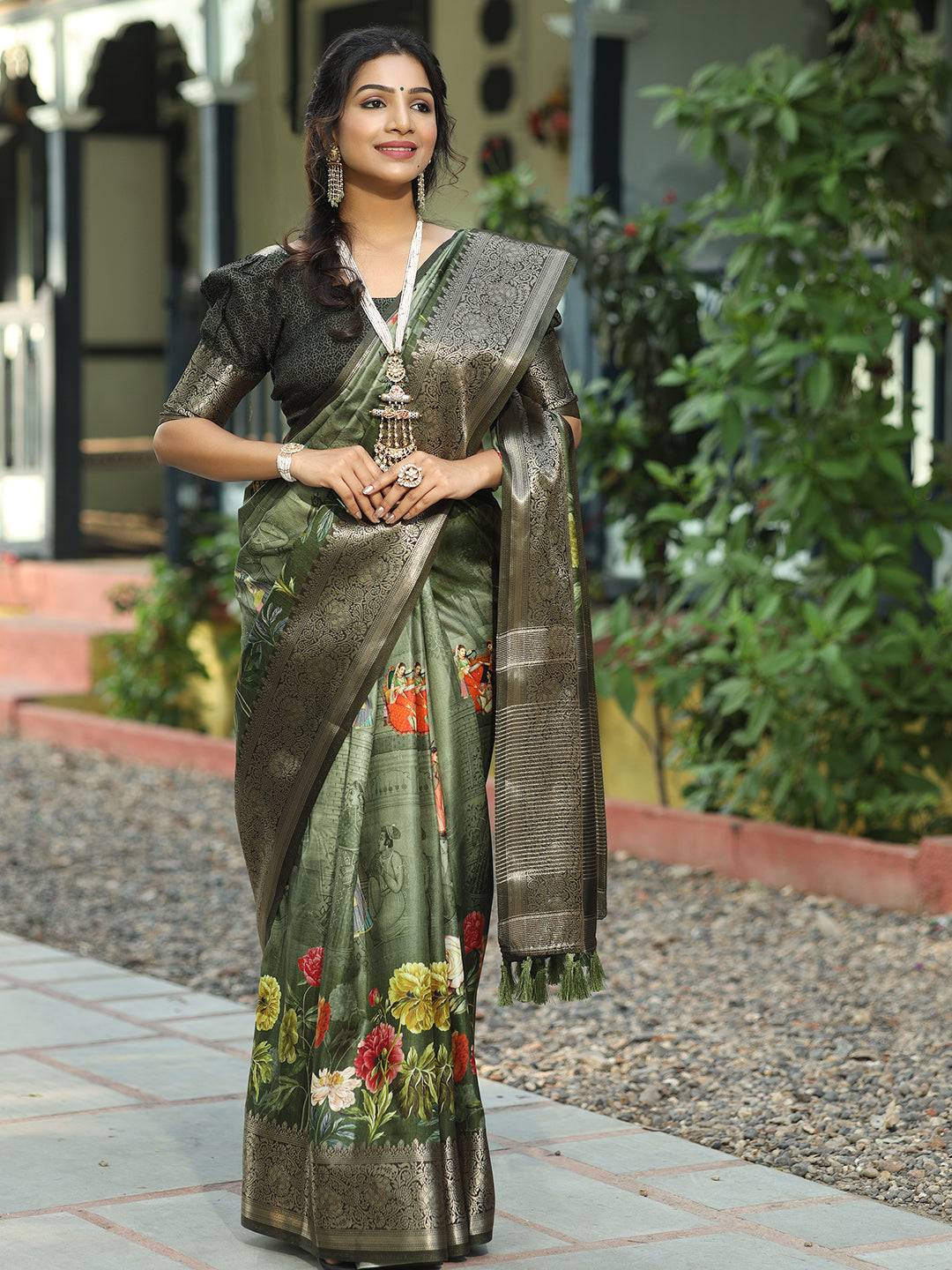 Dark Green Colour Pure Viscose Dola Silk Floral Print Saree