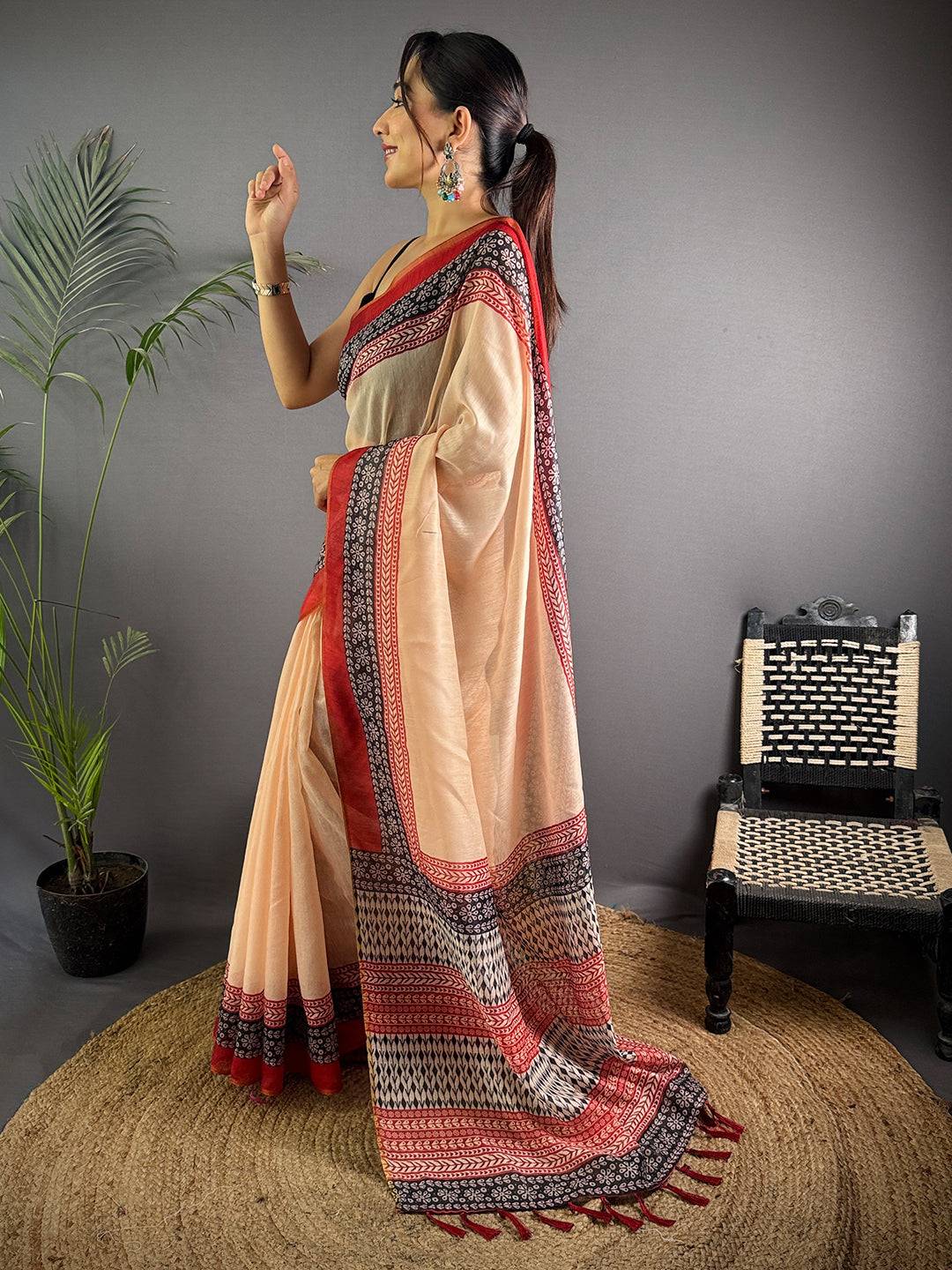 Cream Tissue Chanderi Ajrak Printed Saree