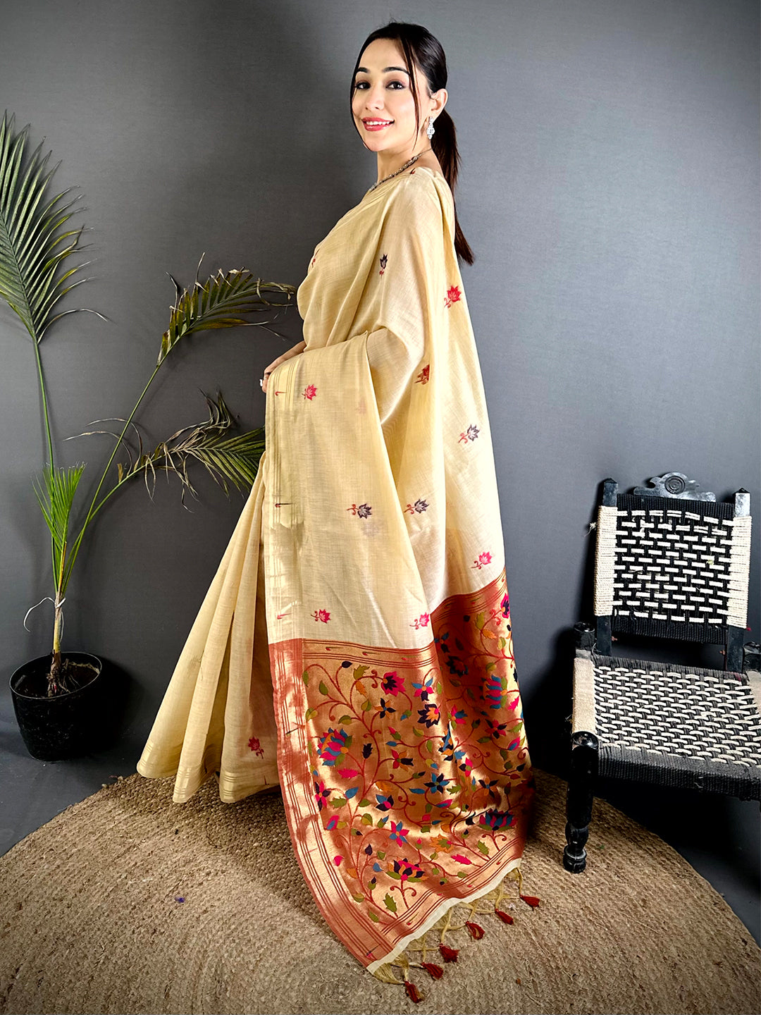 Elegance Minakari Butti Khadi Linen Saree