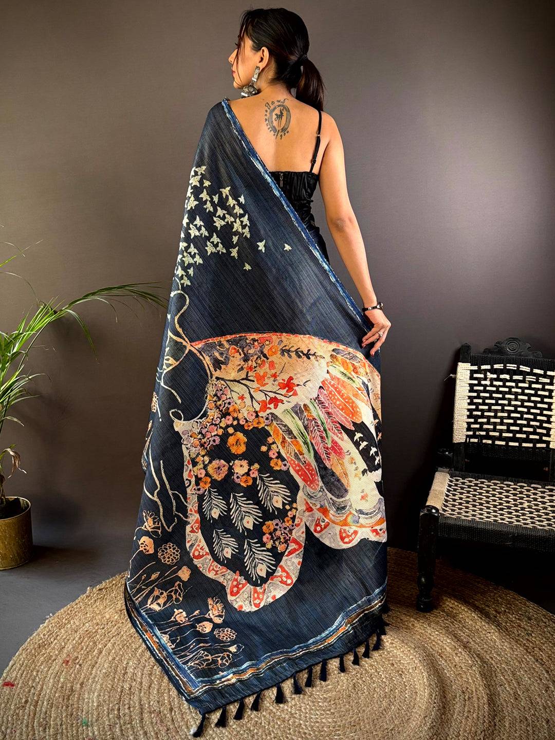 Deep Teal Monochromatic Botanical Print Saree