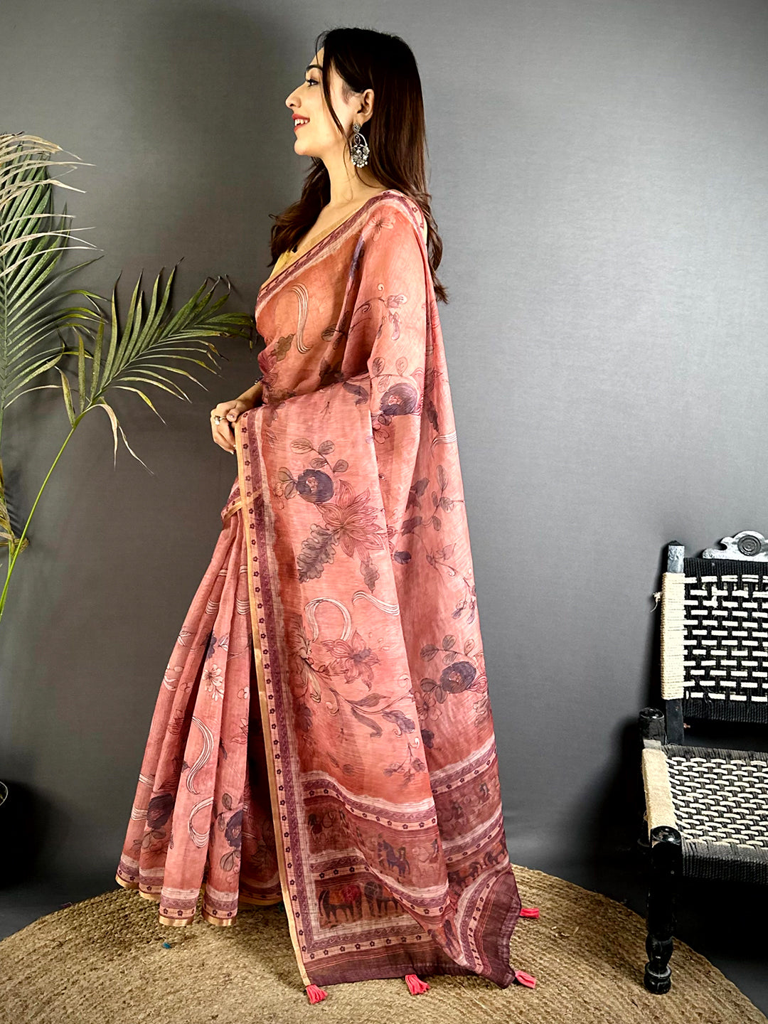 Opulent Dark Floral Linen Saree