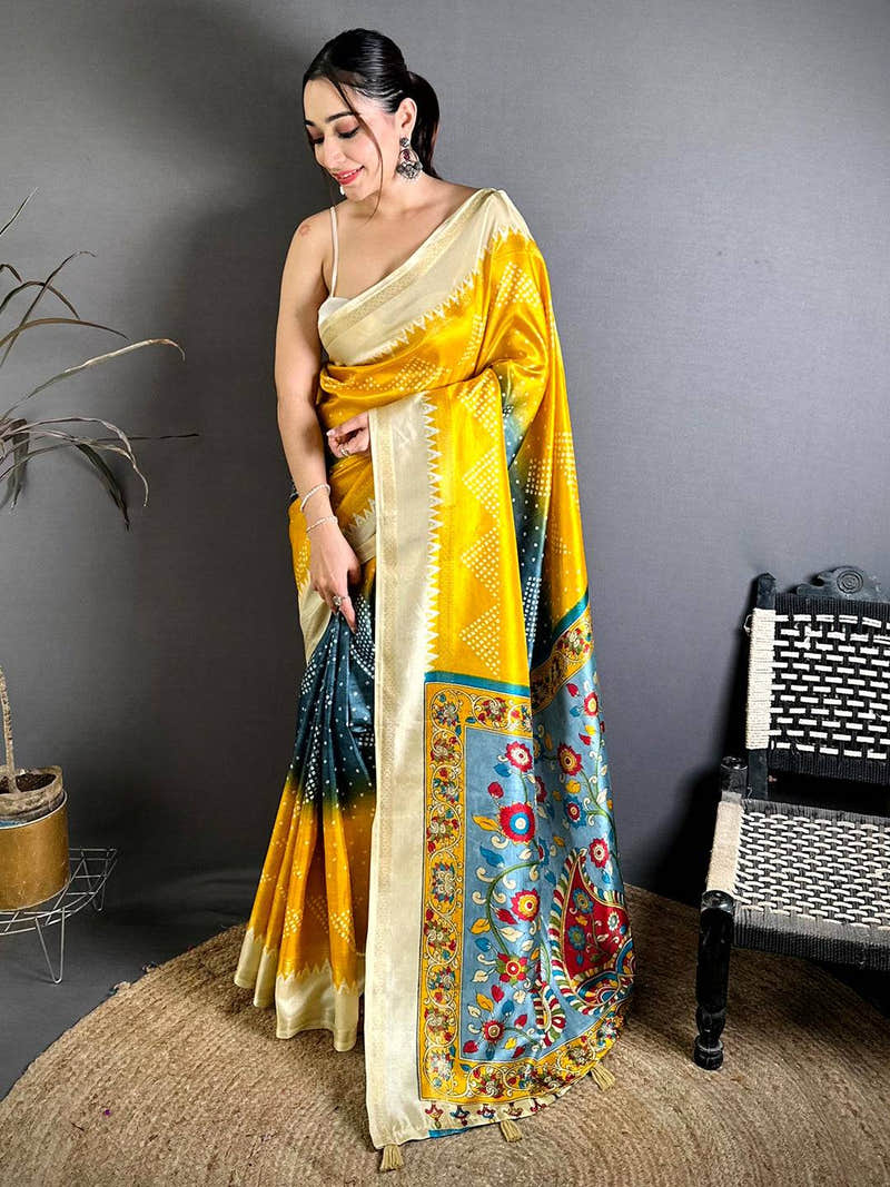 Stylish Kalamkari Pallu Bandhej Print Saree