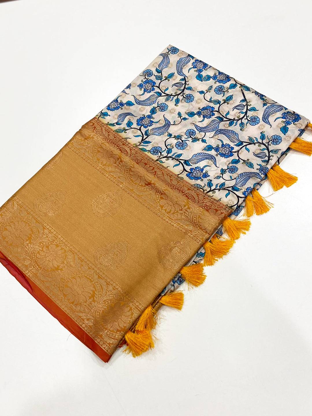 Peach Floral Printed Banarasi Silk Saree