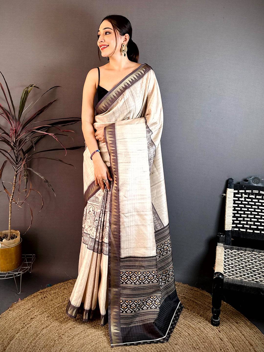 Opulent Soft Tussar Madhubani Print Saree