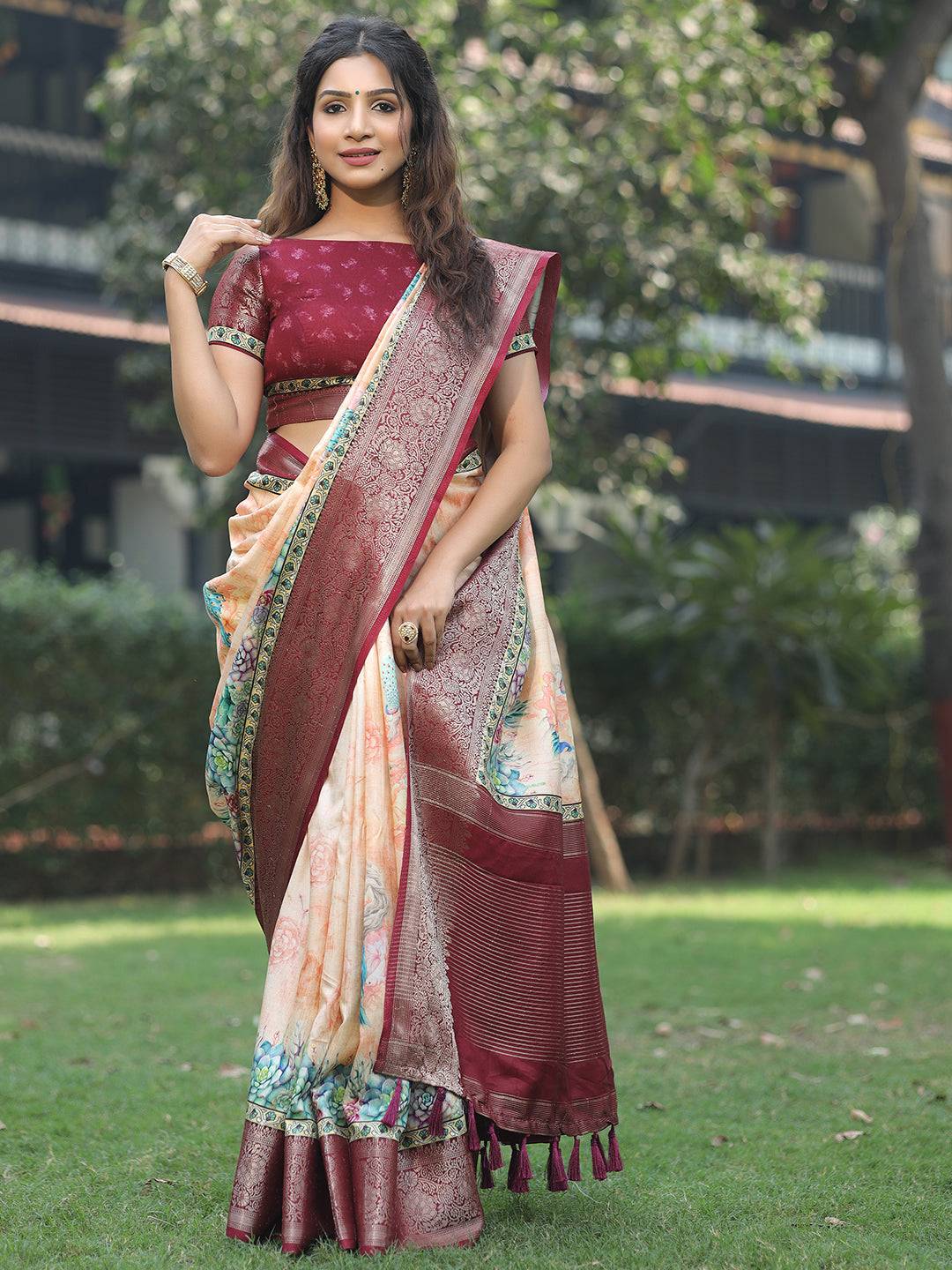 Peach Colour Phulkari Design Zari Weaving Pallu Saree