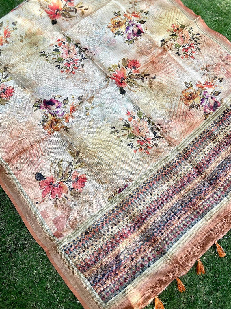 Traditional Peach Colour Soft Kota Doriya Silk Saree With Flower Print