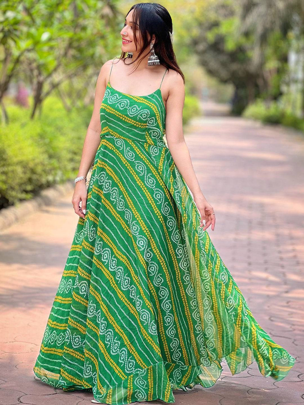 Elegant Forest Green Dress with Bandhej Print