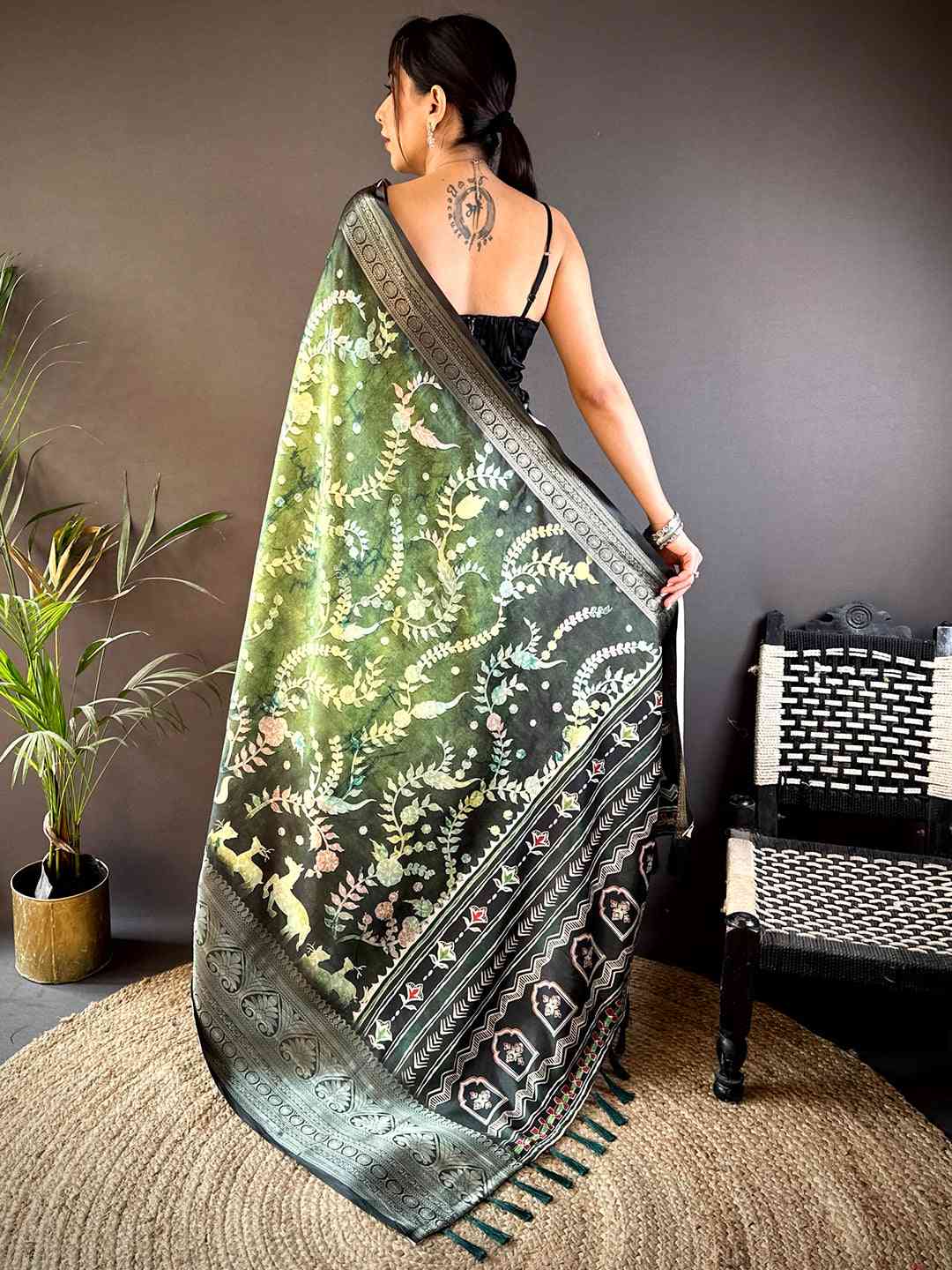 Green Floral Animal Batik Soft Silk Saree