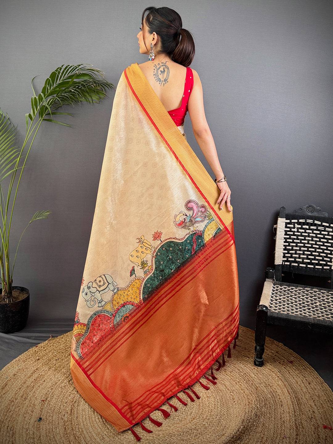 Cream Tussar Silk Kalamkari Print Saree