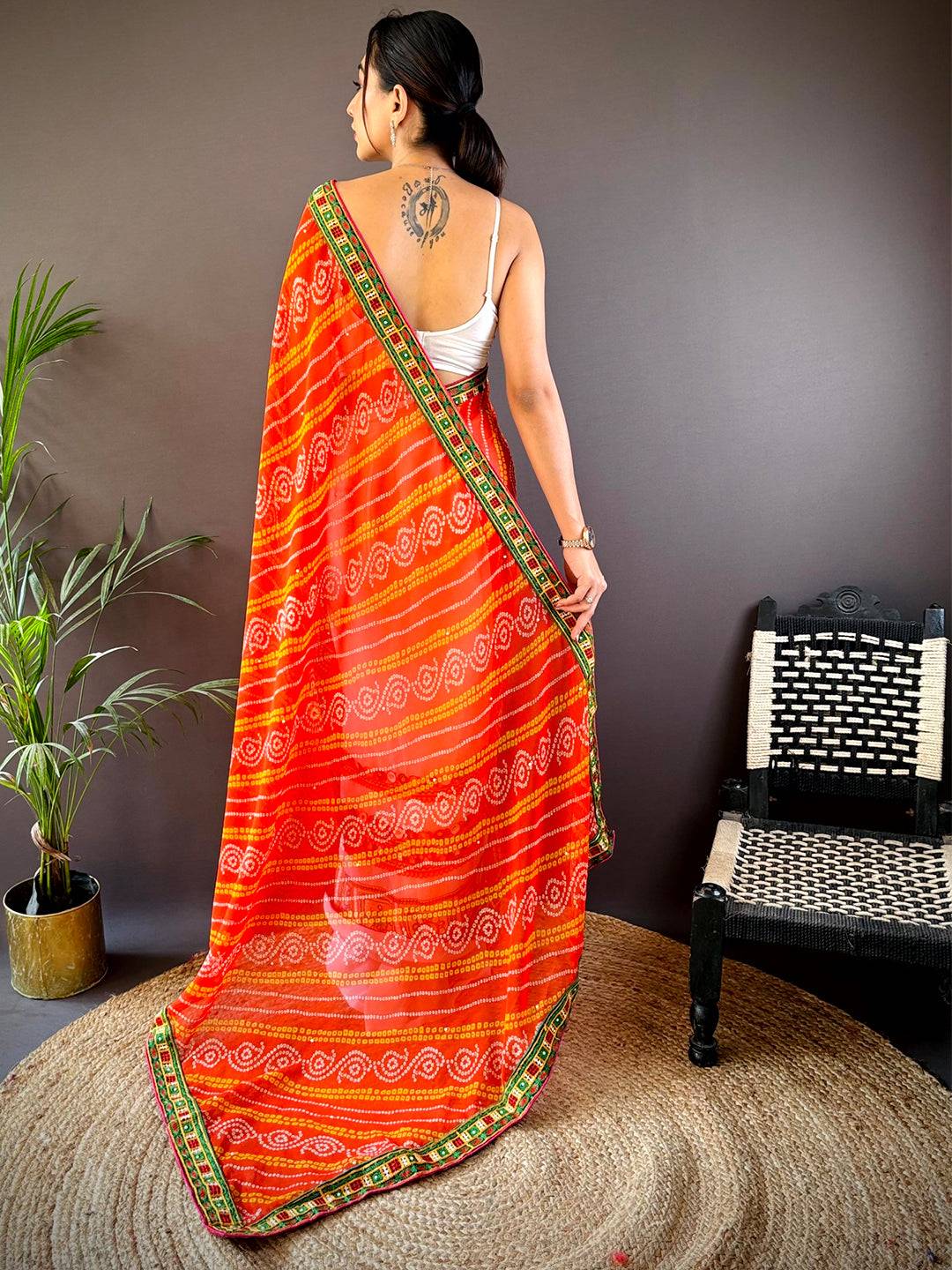 Orange Soft Georgette Katchi Embroidery Saree