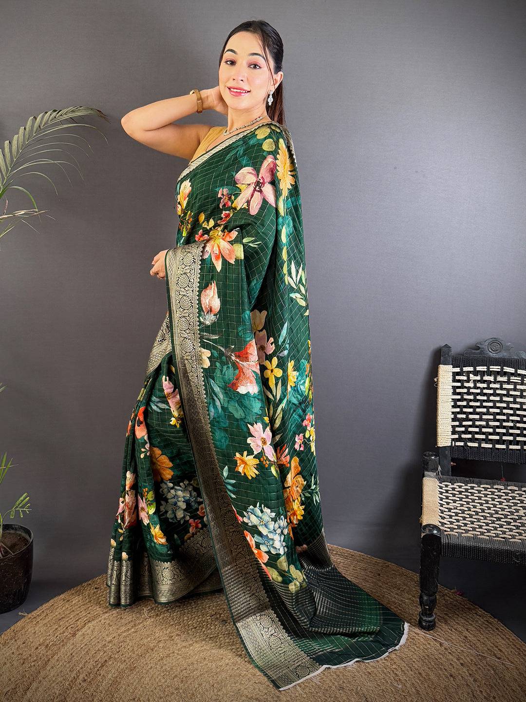 Deep Bottle Green Floral Digital Print Saree