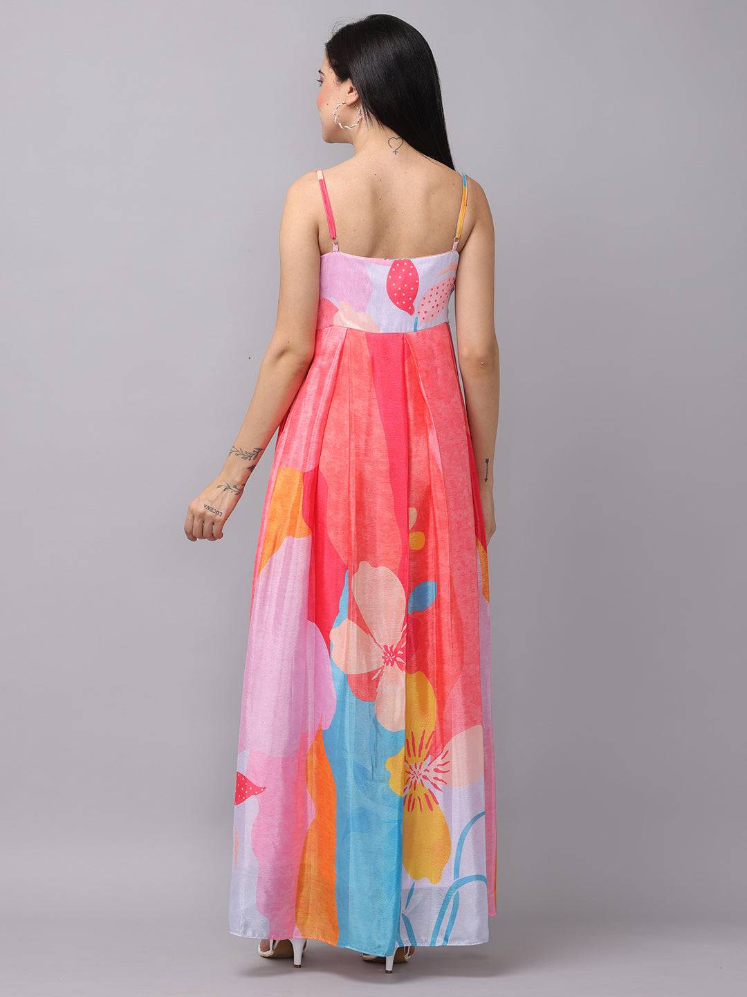 Back view of rose pink sweetheart neck dress with floral design