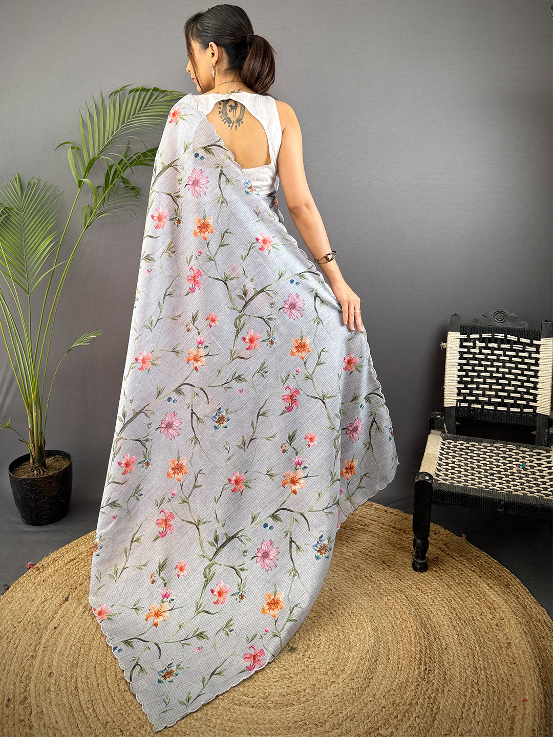Grey Soft Kota Floral Print Saree