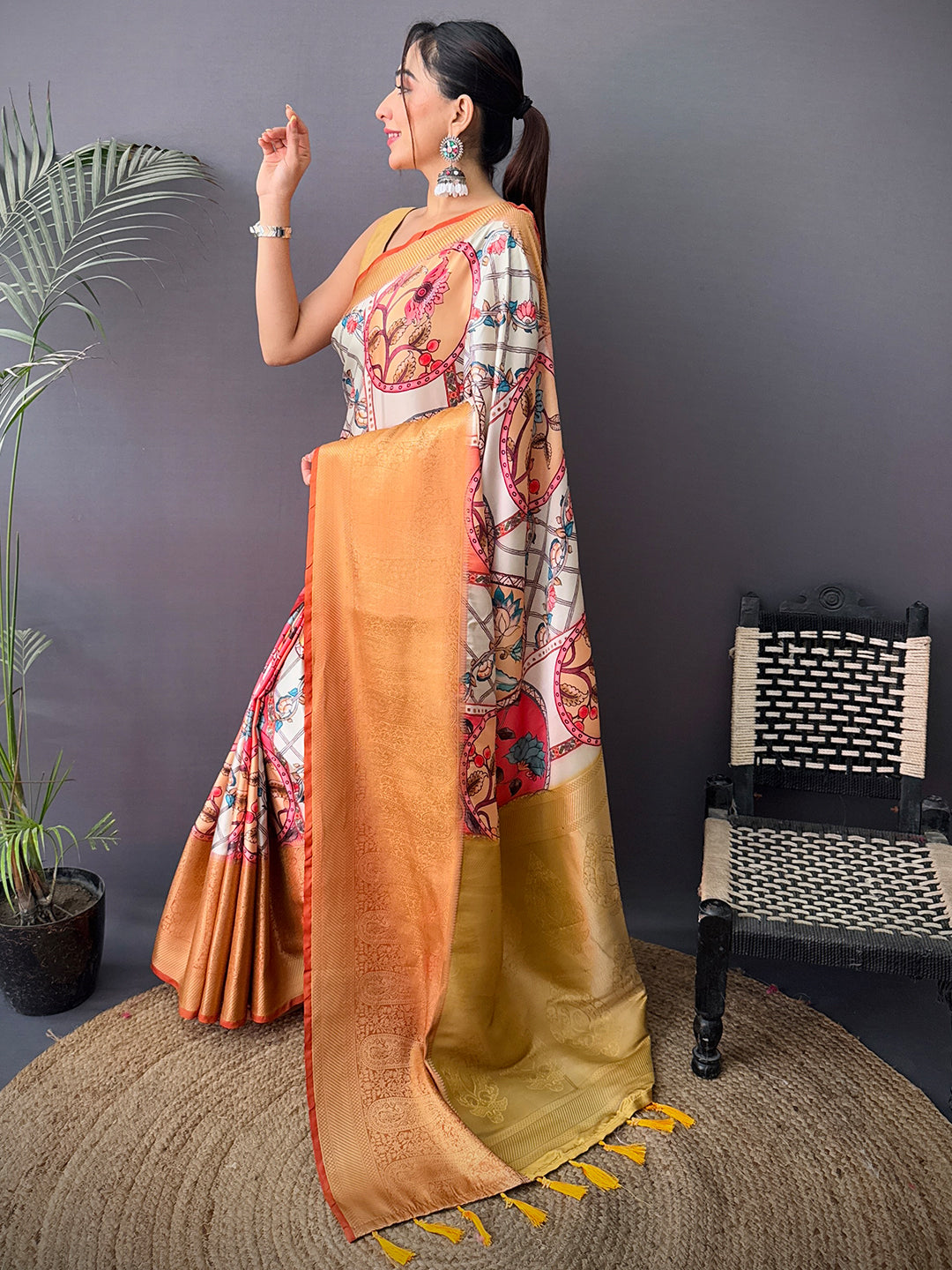 Elegant Cherry Satin Kalamkari Printed Saree