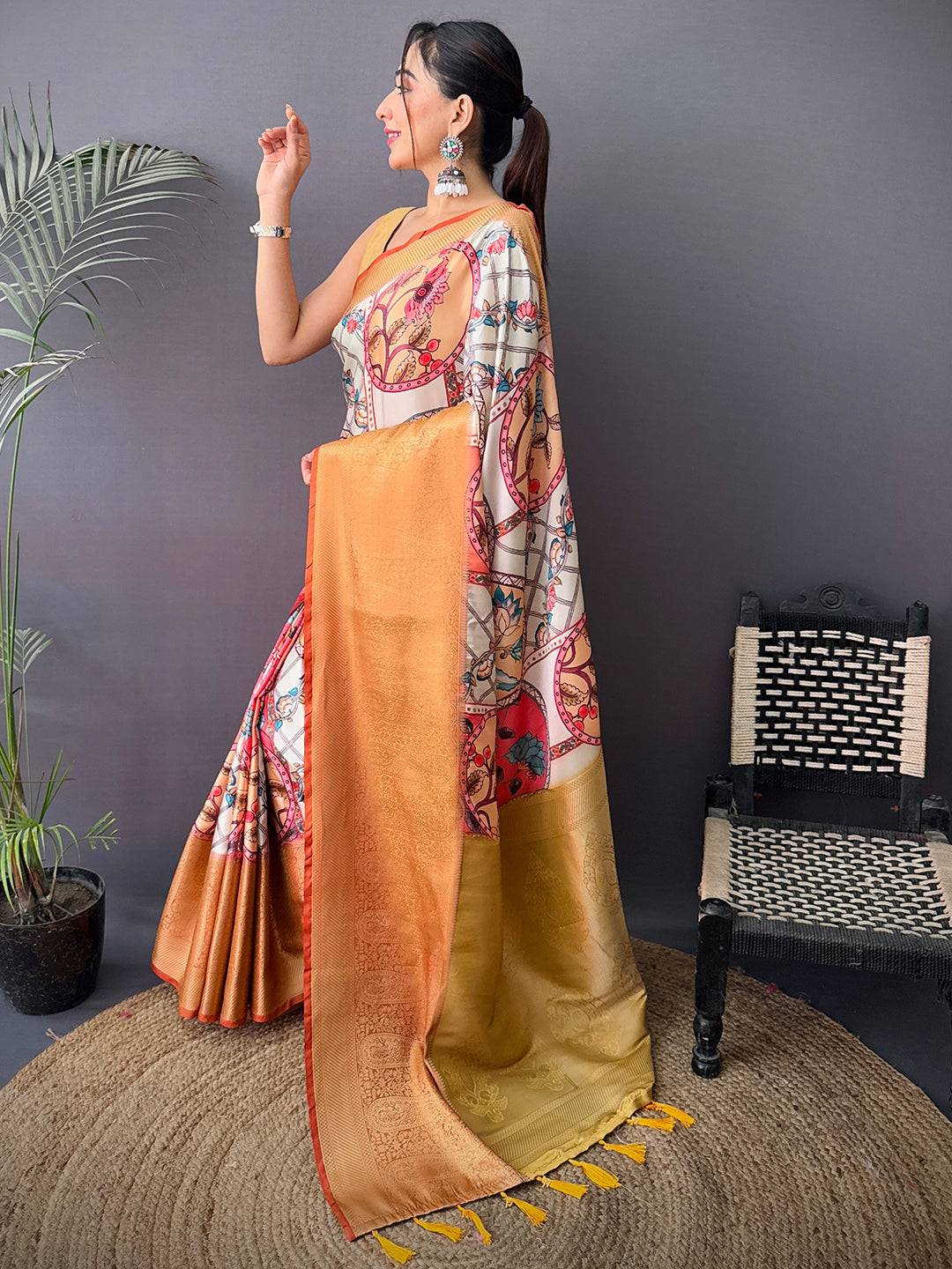 Elegant Cherry Satin Kalamkari Printed Saree