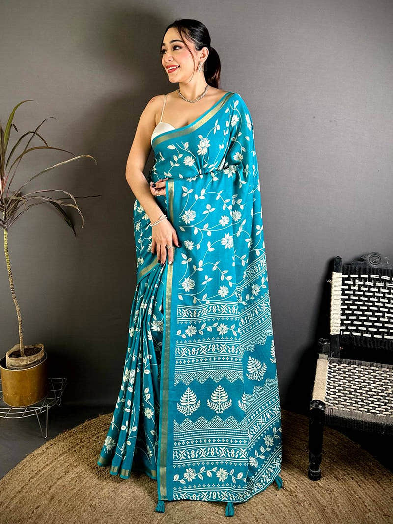 Teal Leaf Printed Mul Cotton Saree
