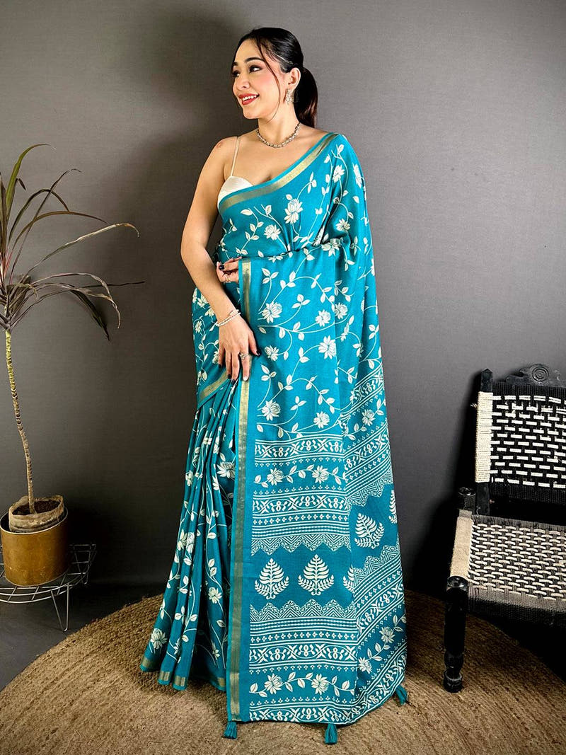 Teal Leaf Printed Mul Cotton Saree