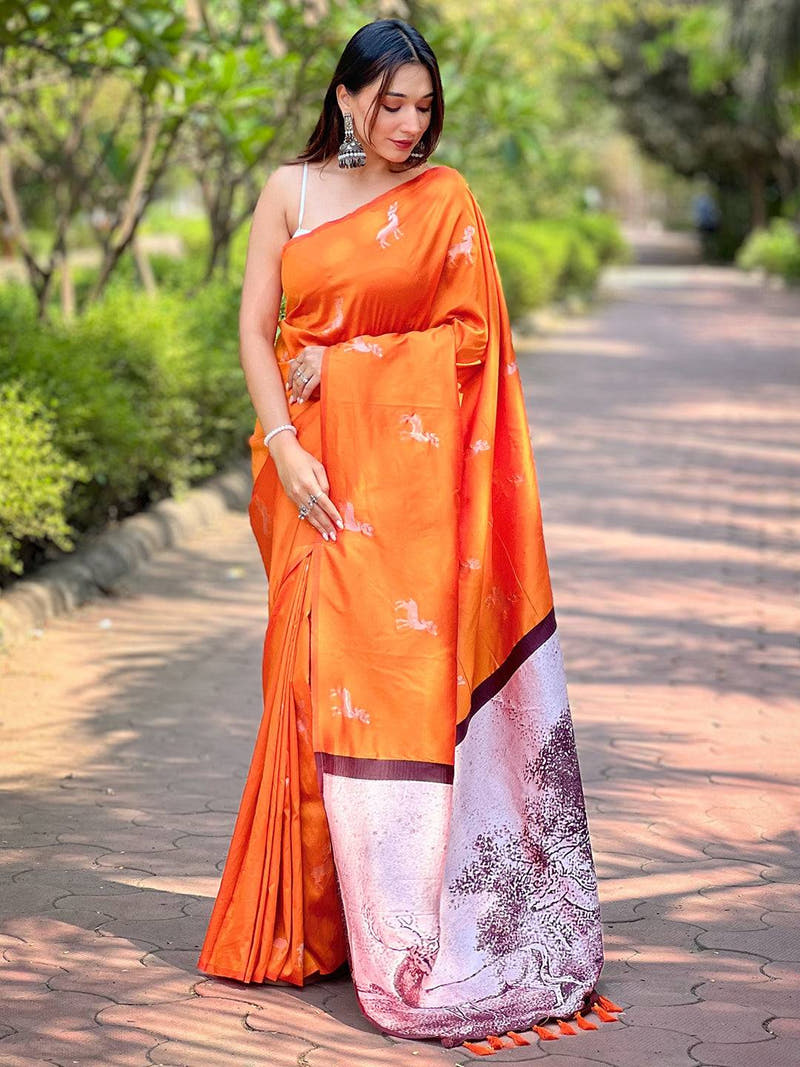 Full view of orange soft silk saree with postar weaving