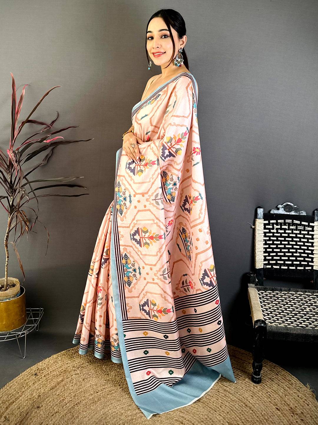 Classic Kalamkari Geometric Tussar Saree