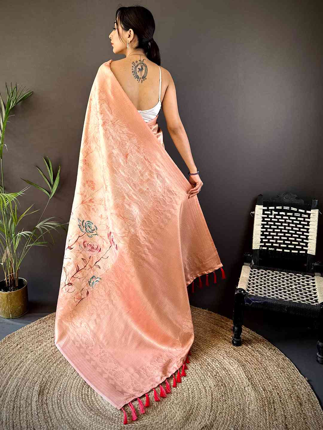 Salmon Pink Kanjivaram Digital Silk Saree