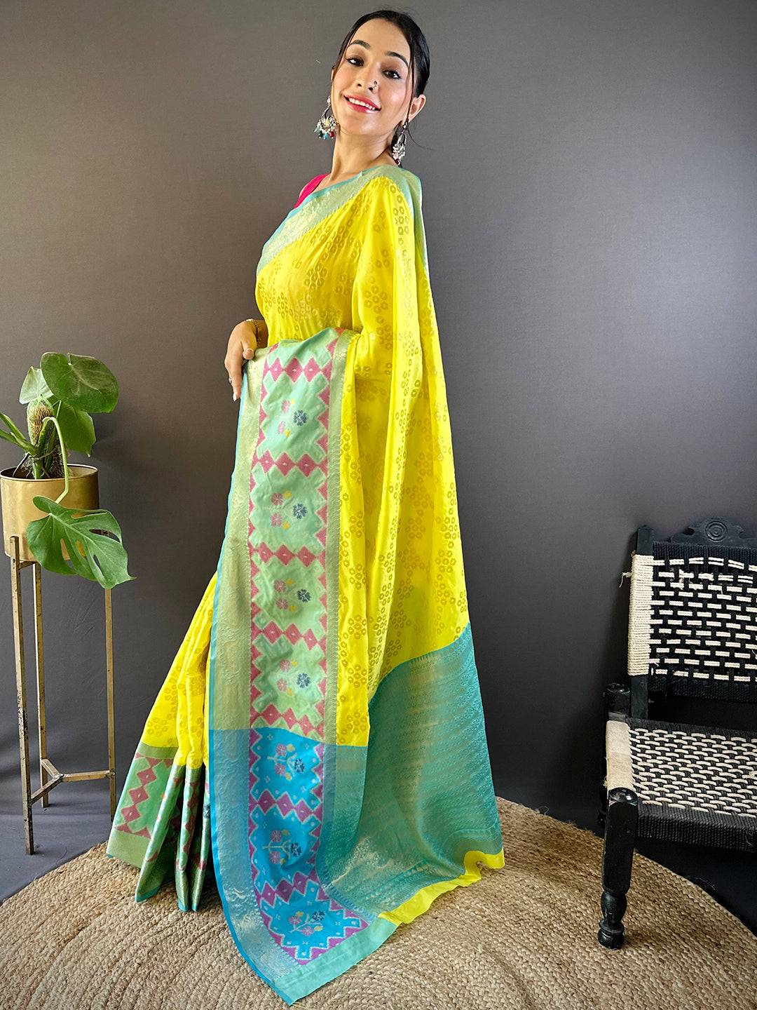 Lime Yellow Katan Silk Ikkat Saree